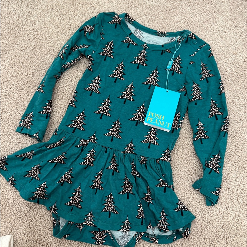 Posh Peanut Teal Holiday Dress with Tree Design